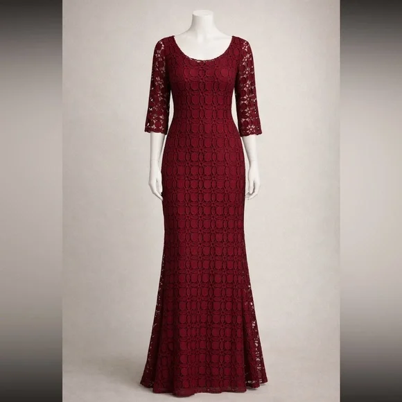Kay Unger Deep Red Lace 3/4 length Sleeve long Dress